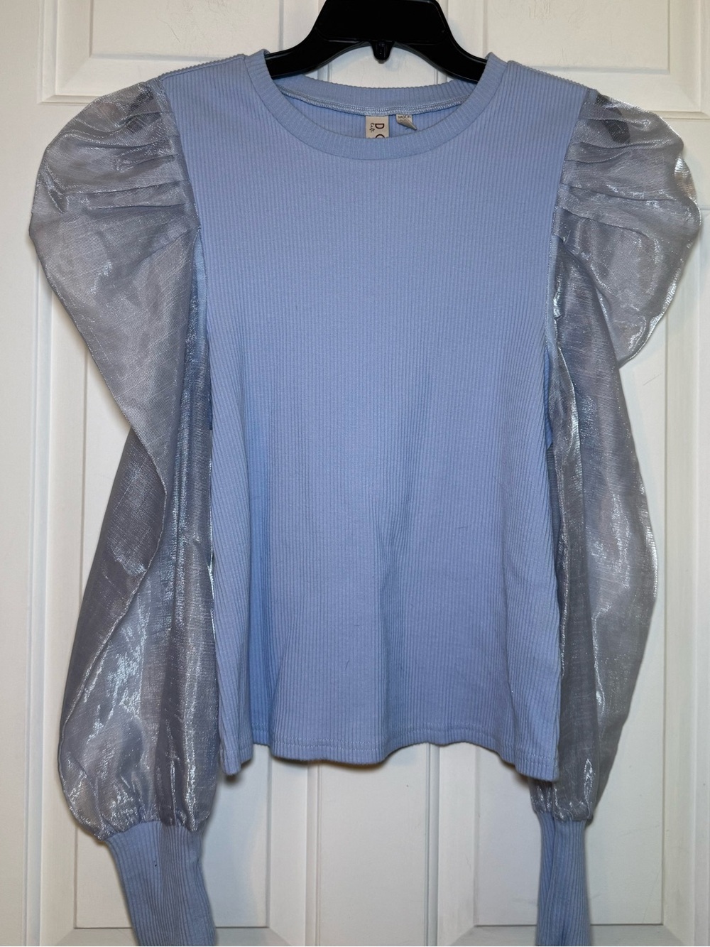 Dolan Anthropologie Light Blue Ribbed Knit Sheer Puff Sleeve Blouse LARGE Whimsy